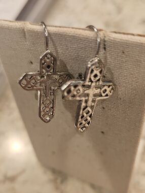 Silver Filigree Cross Dangle Earrings